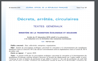 Arrêté du 27 décembre 2018 relatif à la prévention, à la réduction et à la limitation des nuisances lumineuses