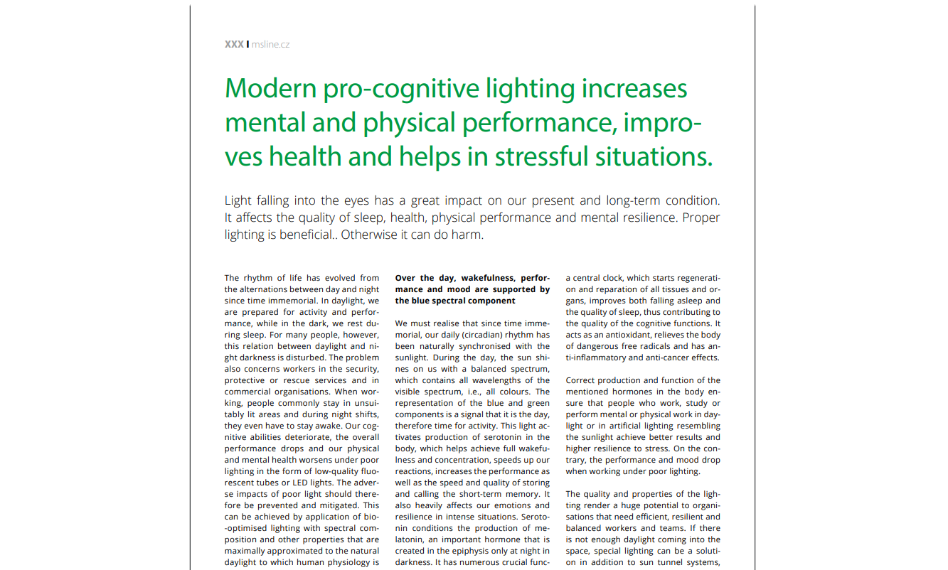 Msline.cz: Modern pro-cognitive lighting increases mental and physical performance, improves health and helps in stressful situations.