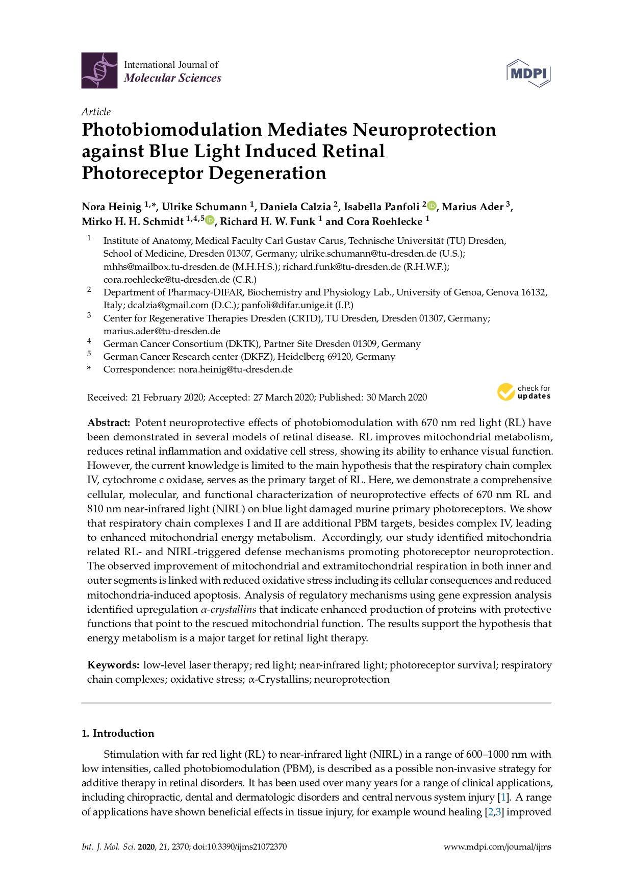 2020 Photobiomodulation Mediates Neuroprotection against Blue Light Induced Retinal Photoreceptor Degeneration