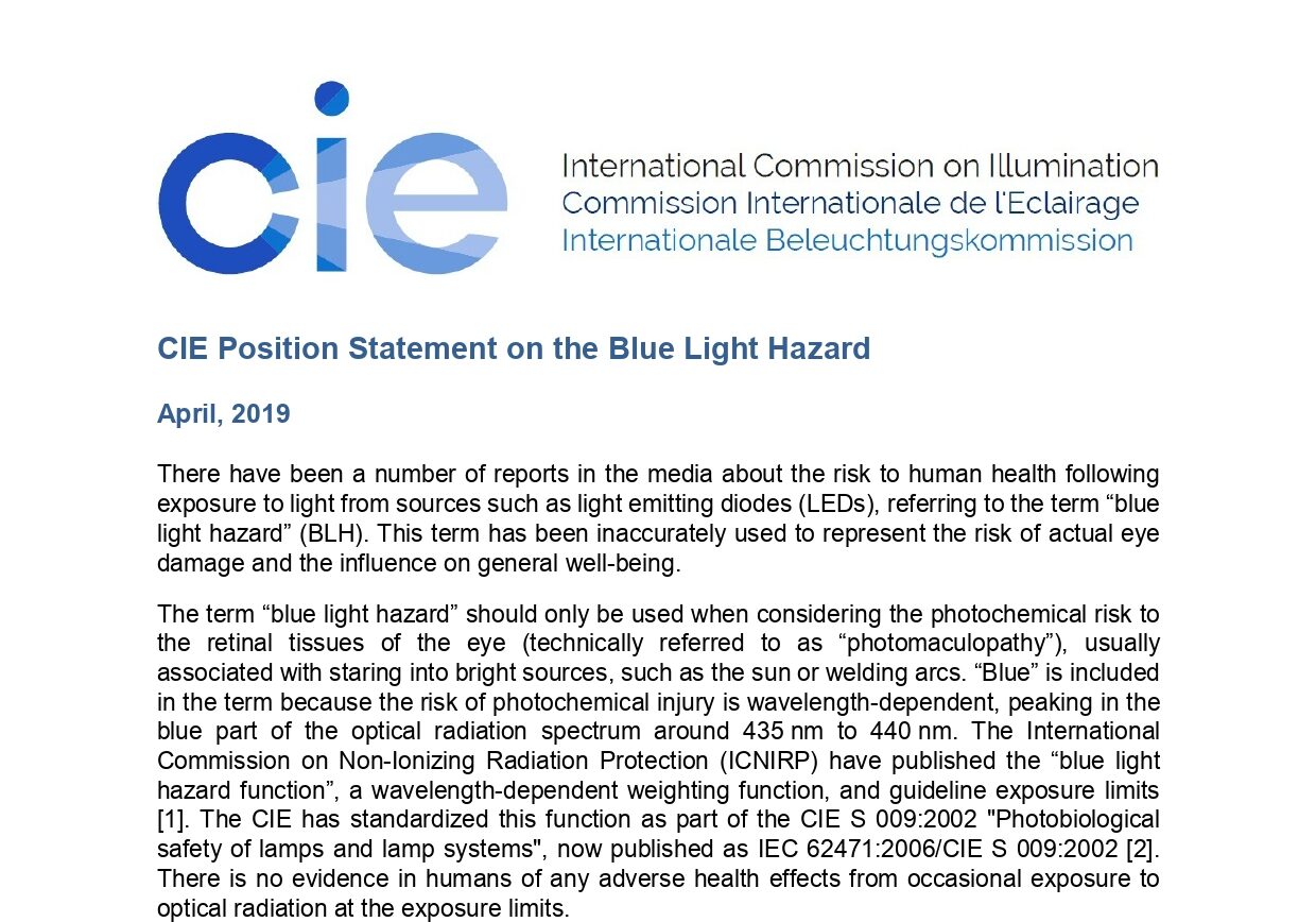 Stanovisko CIE (International Commission of Illumination) k rizikům blue light hazard efektu  LED osvětlení (Harmful blue light).
