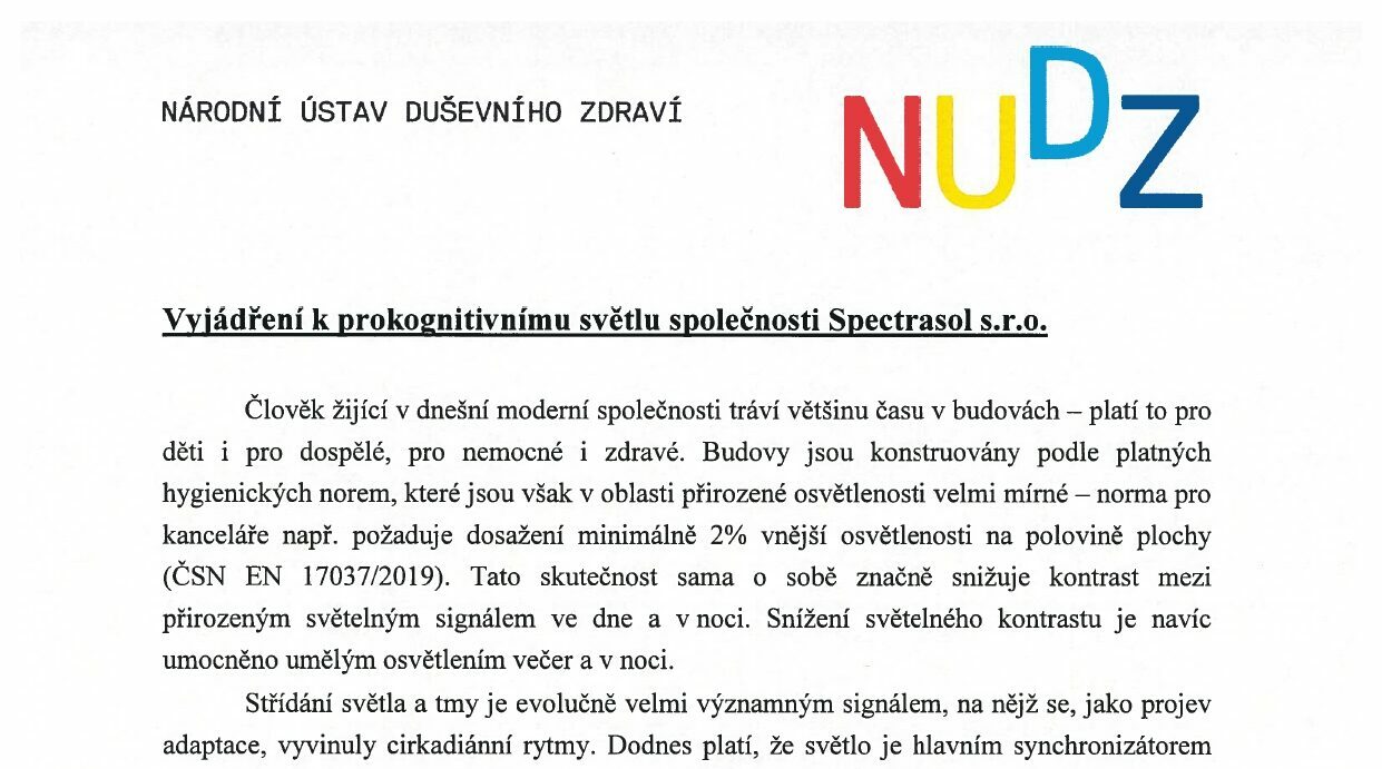 Doporučení aplikace pro-kognitivního osvětlení Spectrasol od Národního ústavu duševního zdraví České Republiky